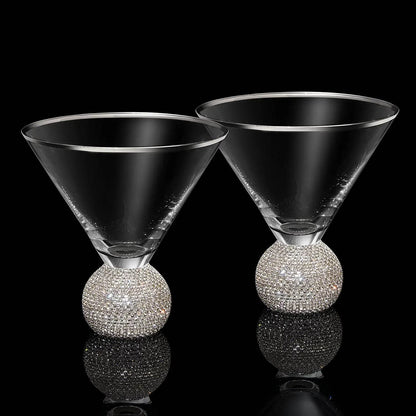Diamond Studded Martini Glasses Set of 2 - The Wine Savant - Silver Rimmed Modern Cocktail Glass, Rhinestone Diamonds With Stemless Crystal Ball Base, Bar or Party 10.5oz, Swarovski Style Crystals - Loft&Timber