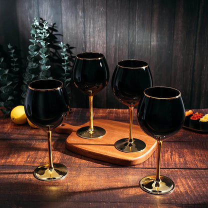 The Wine Savant Set of 4 Black Wine Glasses Gold Stemmed 14 oz Gold Rim Wine Glasses, Black Colored Wine Glasses Luxury Wine Glassware Wine Tasting, Wedding Gift, Anniversary, Birthday - Loft&Timber