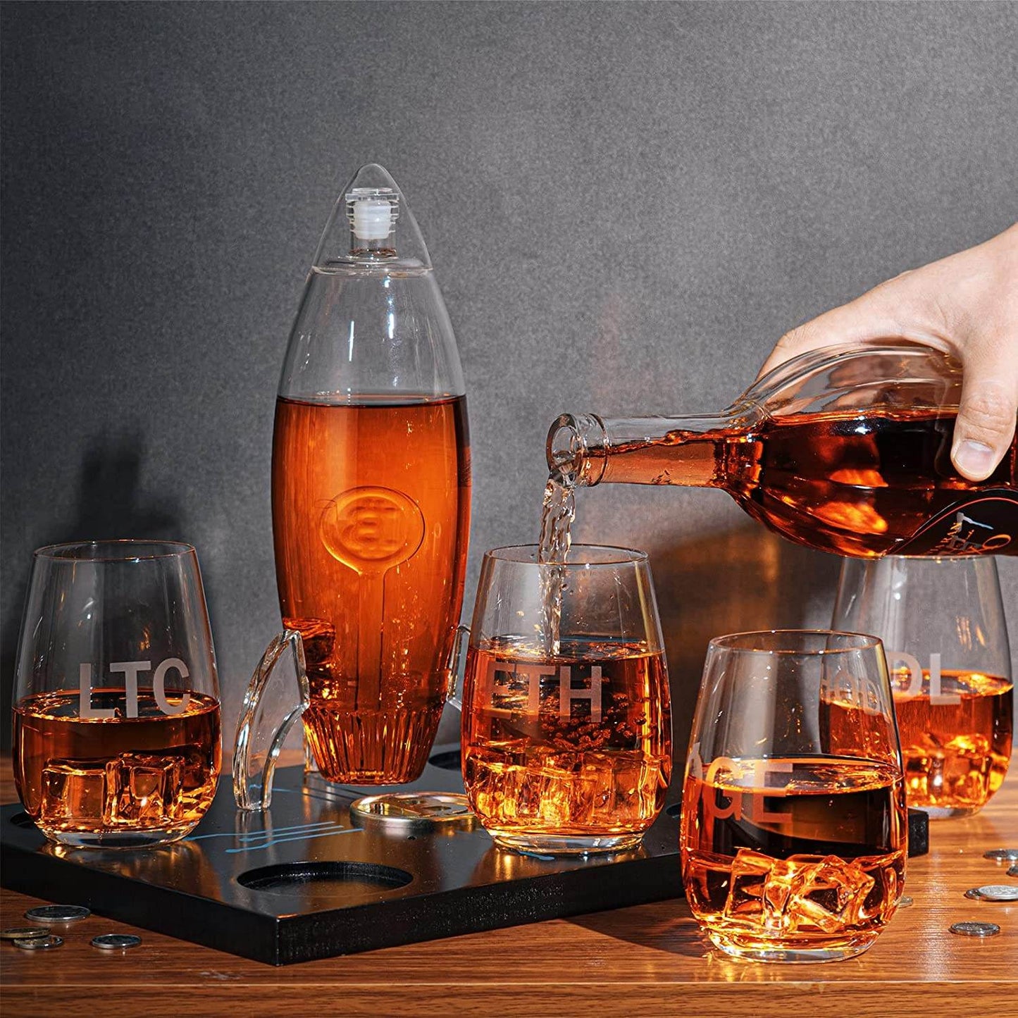 Cryptocurrency Decanter, Bitcoin Decanter To The Moon, Crypto Elon Musk Lovers Ethereum Whiskey & Wine Decanter Set 450ml Four 12 oz Glasses by The Wine Savant Rocket Decanter - Crypto Gifts, HODL - Loft&Timber