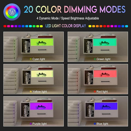 Floating Nightstand With Charging Station And Led Light Strips, 21.3"" Night Stand With Drawers, Floating Bedside With Usb