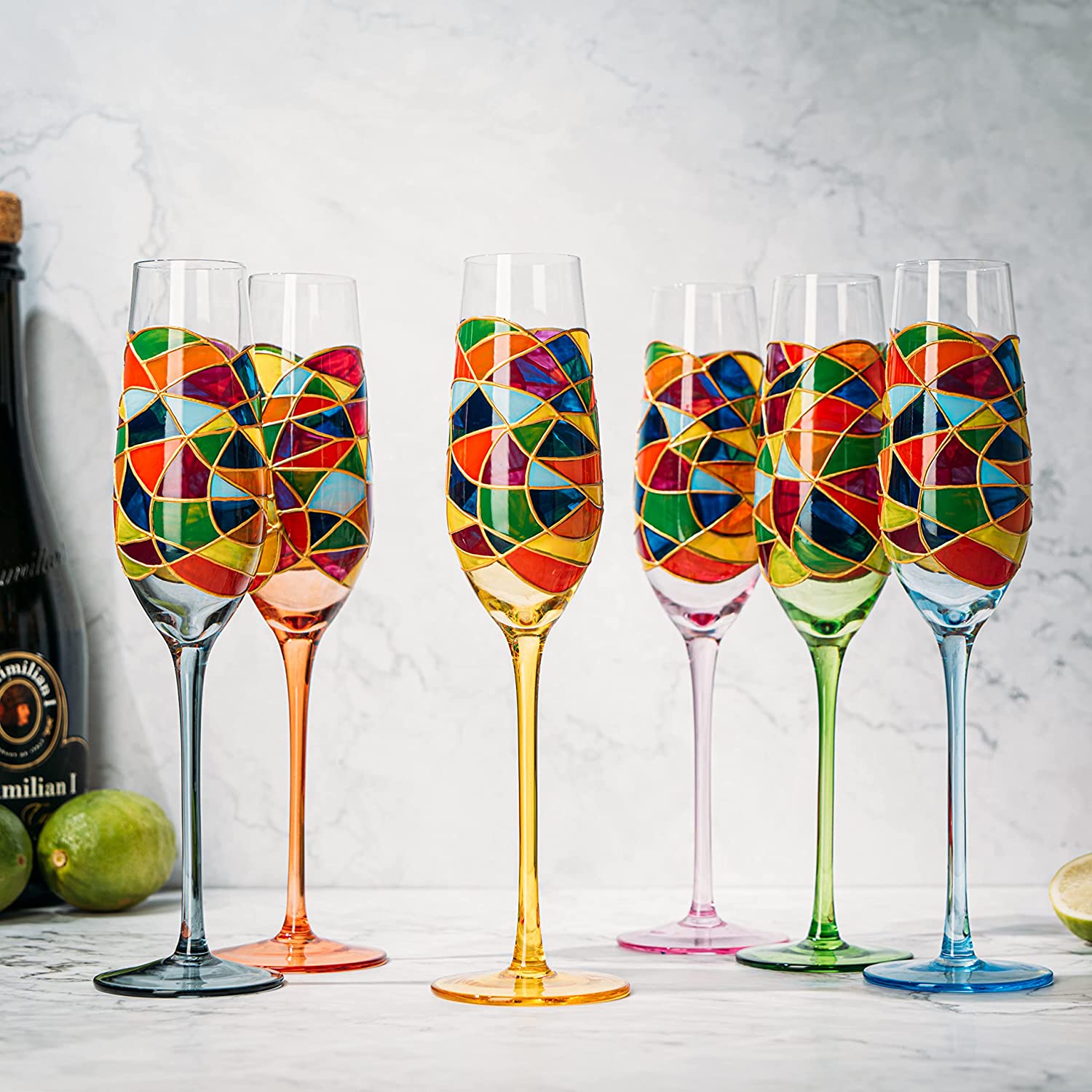 Stained Glass Champagne Flutes Set of 6 Hand Painted - Wine Savant - Hand Blown 7 Ounce Colorful Renaissance Champagne Glasses - 10.2" Tall, 2.7" Diameter Rainbow Multicolor Design Glassware - Loft&Timber