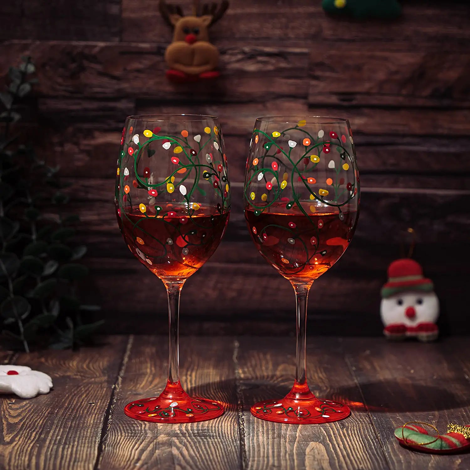 Stemmed Christmas Lights Wine Glasses Set of 2 - Hand Painted Wine Glass Ornament Light Bulbs Glasses, Perfect for Wine, Champagne, Holiday Parties and Festivities - 9.5" High, 21 oz Capacity - Loft&Timber
