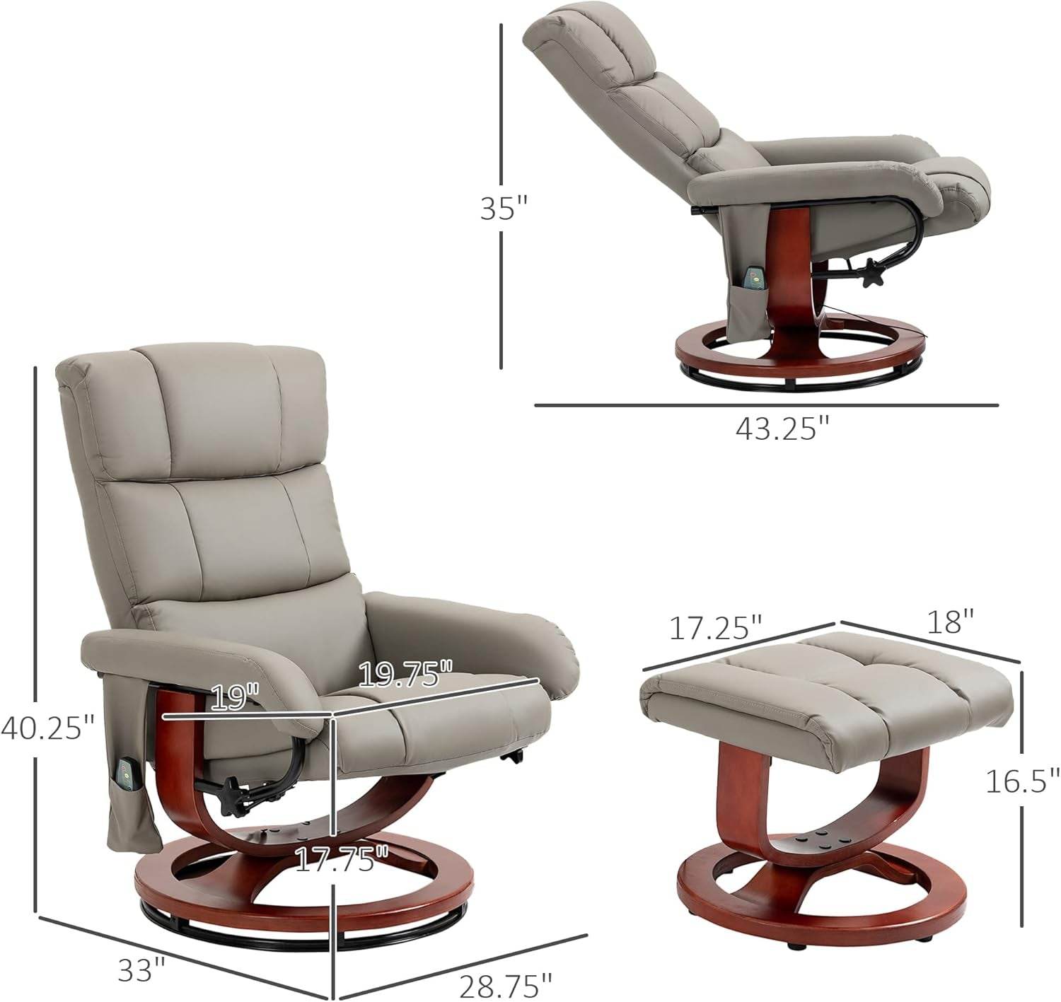 Massage Recliner Chair with Ottoman, Swivel Recliner and Footrest, Faux Leather Reclining Chair with Remote Control and Side Pocket, Gray - Loft&Timber