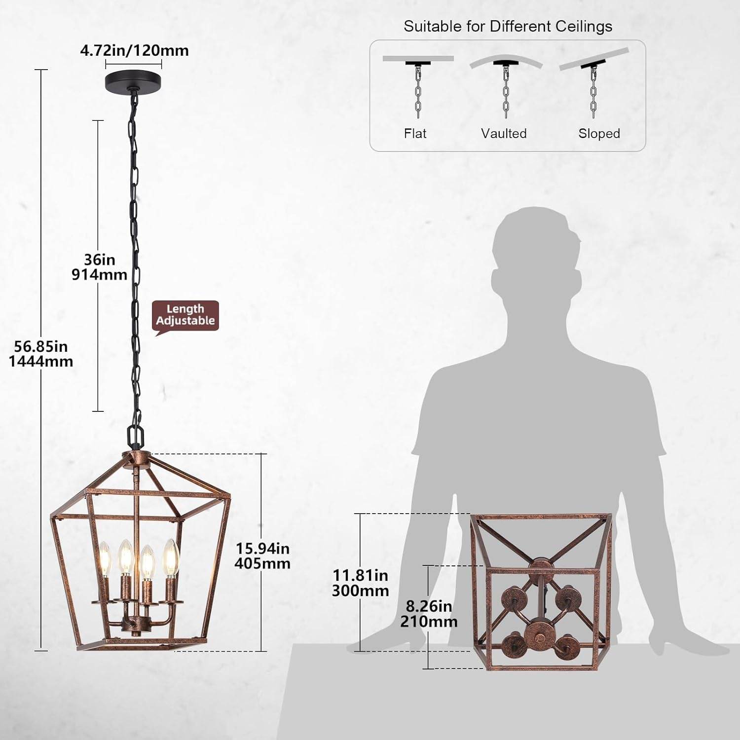 Chandelier for Dining Room, 4-Light Rustic Chandelier Fixtures, Vintage Ceiling Light with Adjustable Height, Antique Bronze Geometric Hanging Light for Bedroom, Foyer, Kitchen, Living Room, Entryway - Loft&Timber