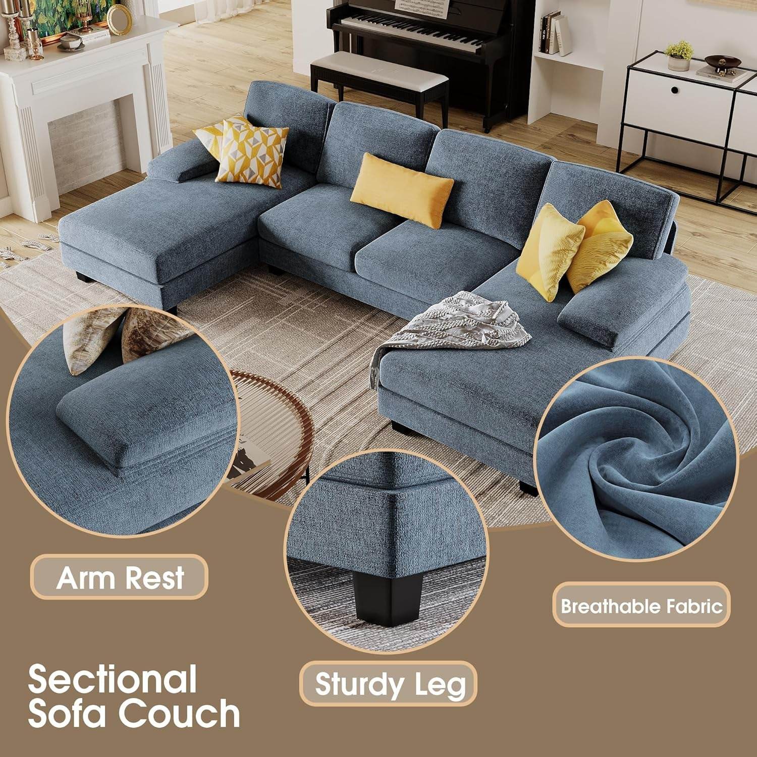 Sectional Couches, 4 Seat Sofa Set with Double Chaise, Fabric, Light Blue - Loft&Timber