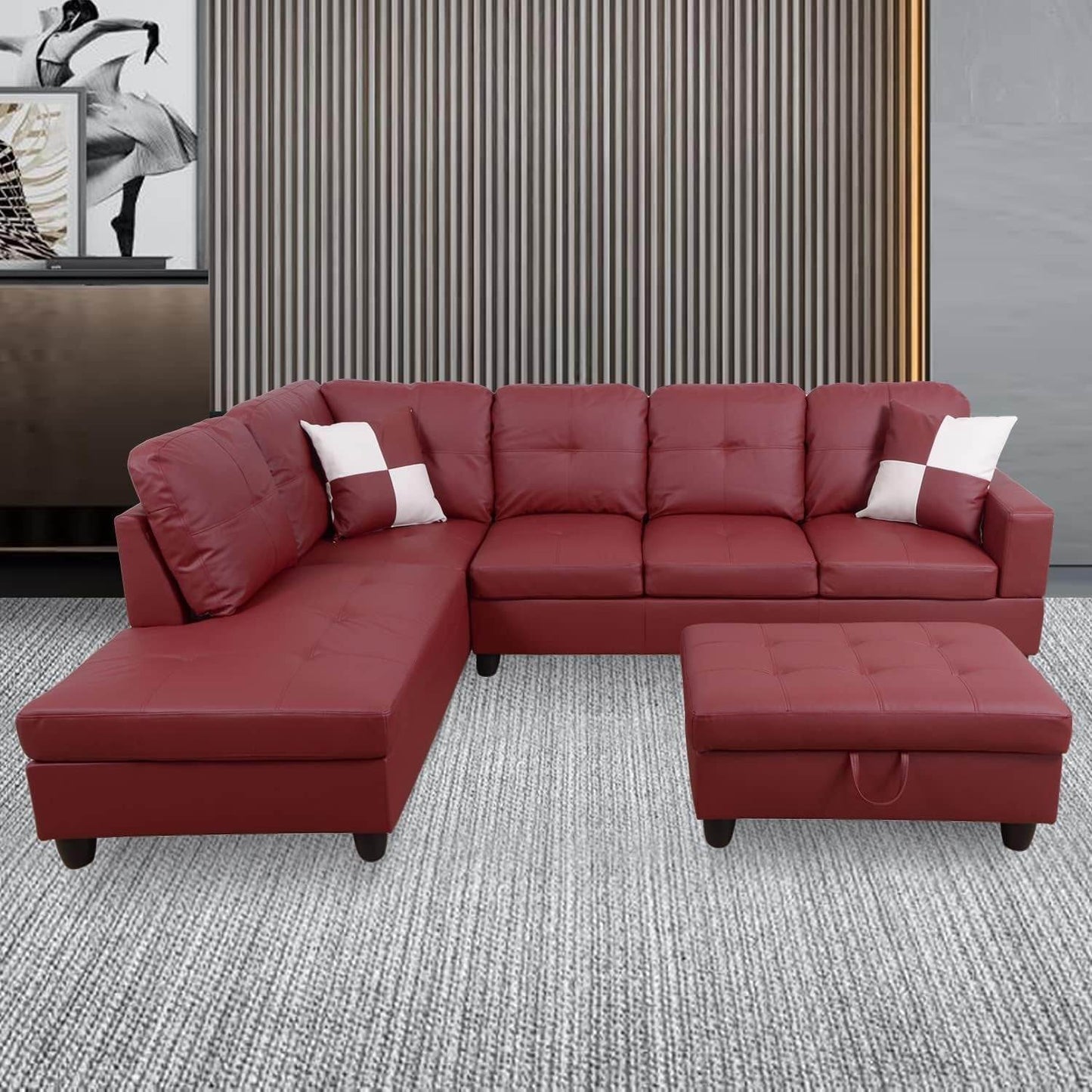 Ponliving Furniture Modern L-Shaped Leather Sectional Sofa Left Hand Facing Red - Loft&Timber
