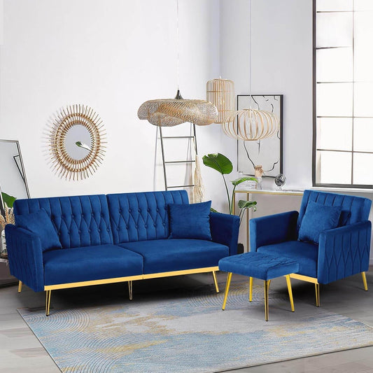 2 Pieces Velvet Futon Sofa Set with Adjustable Backrests and Armrests, 70” Convertible Sofa Bed & Tufted Accent Chair with Ottoman for Living Room, Blue - Loft&Timber