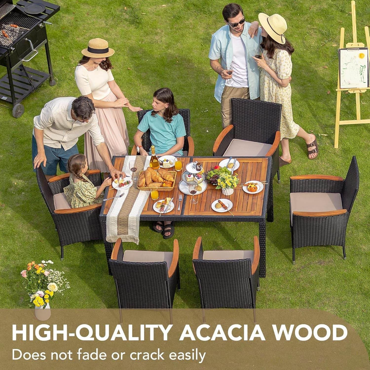 Dining 7 PCS Furniture, Patio Conversation Set with Acacia Wood Table Top, Rattan Outdoor, Black - Loft&Timber