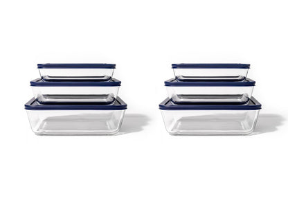 Glass Food Storage Containers - 12 Piece (6 Containers + 6 Lids) Rectangular Nesting Space-Saving Set - Loft&Timber