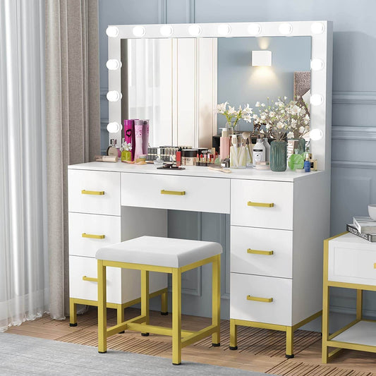 White Vanity Desk Set with Lighted Mirror - Loft&Timber