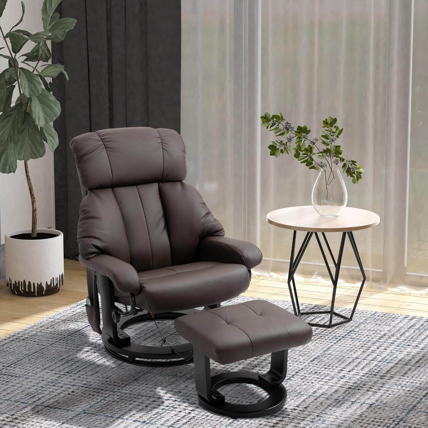 Massage Recliner Chair with Ottoman, 360° Swivel Recliner and Footstool, Brown - Loft&Timber