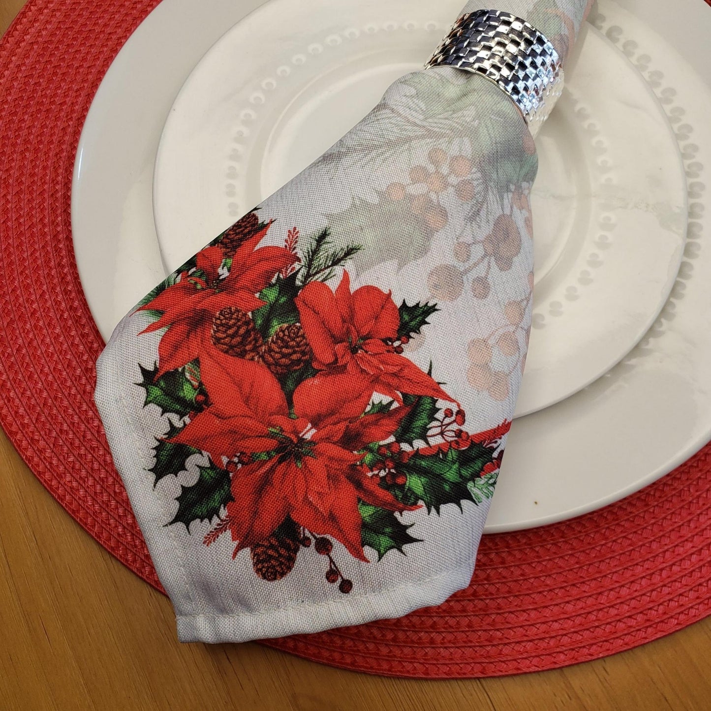 Charlo's Cloth Napkins Set of 4 Christmas Grey Flower 16" by 16" - Grey - Loft&Timber