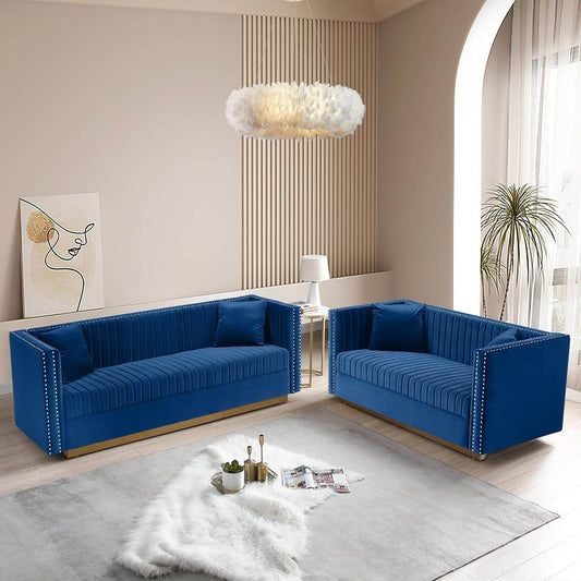 Luxury Velvet Sofa Set for Living Room, Modern Decor Furniture Channel Sofa Couch and Loveseat with Nailhead Gold Metal Legs and 4 Pillows for Bedroom, Hall, Blue-0