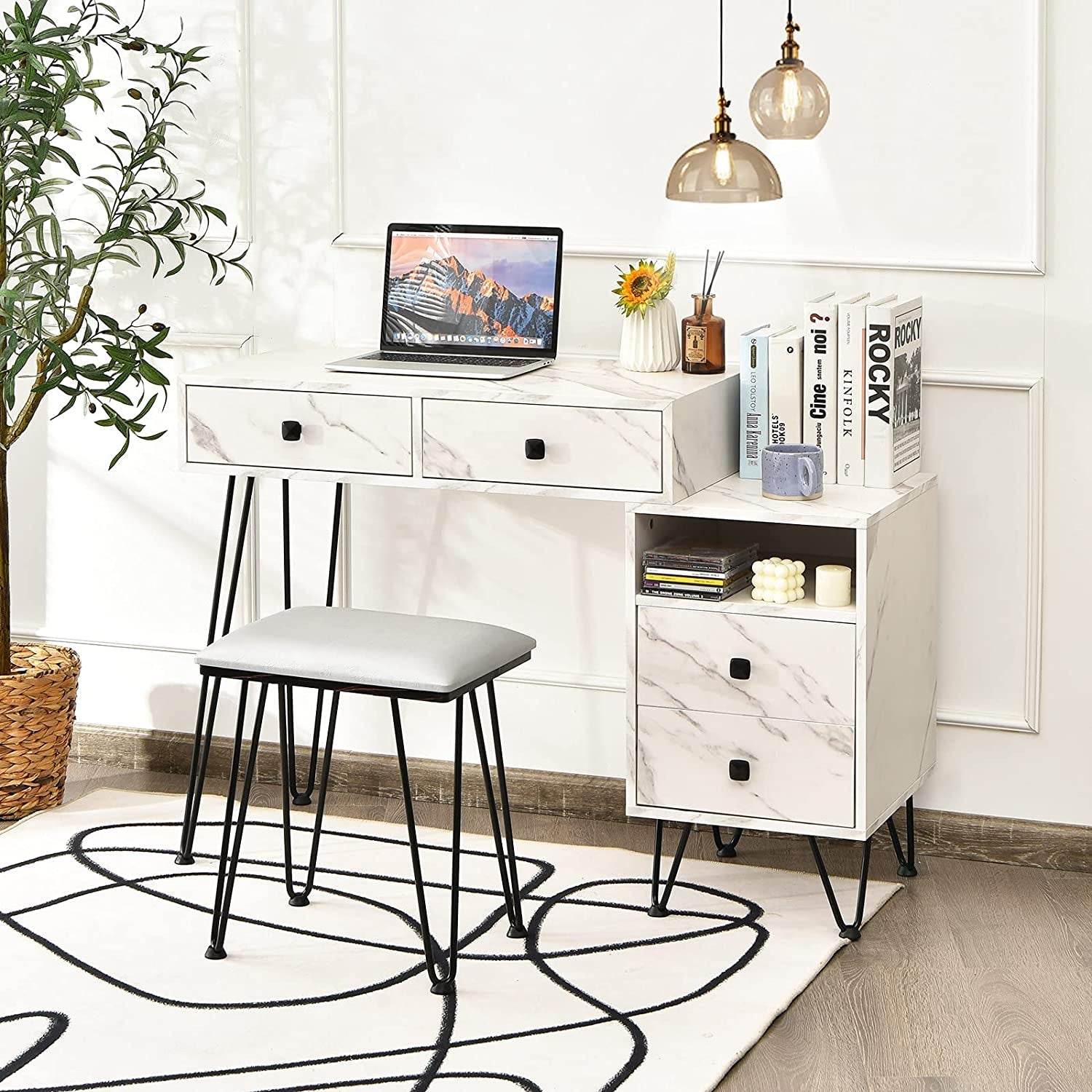 Vanity Set with Lighted Mirror, Left or Right Side Cabinet (Marble White) - Loft&Timber