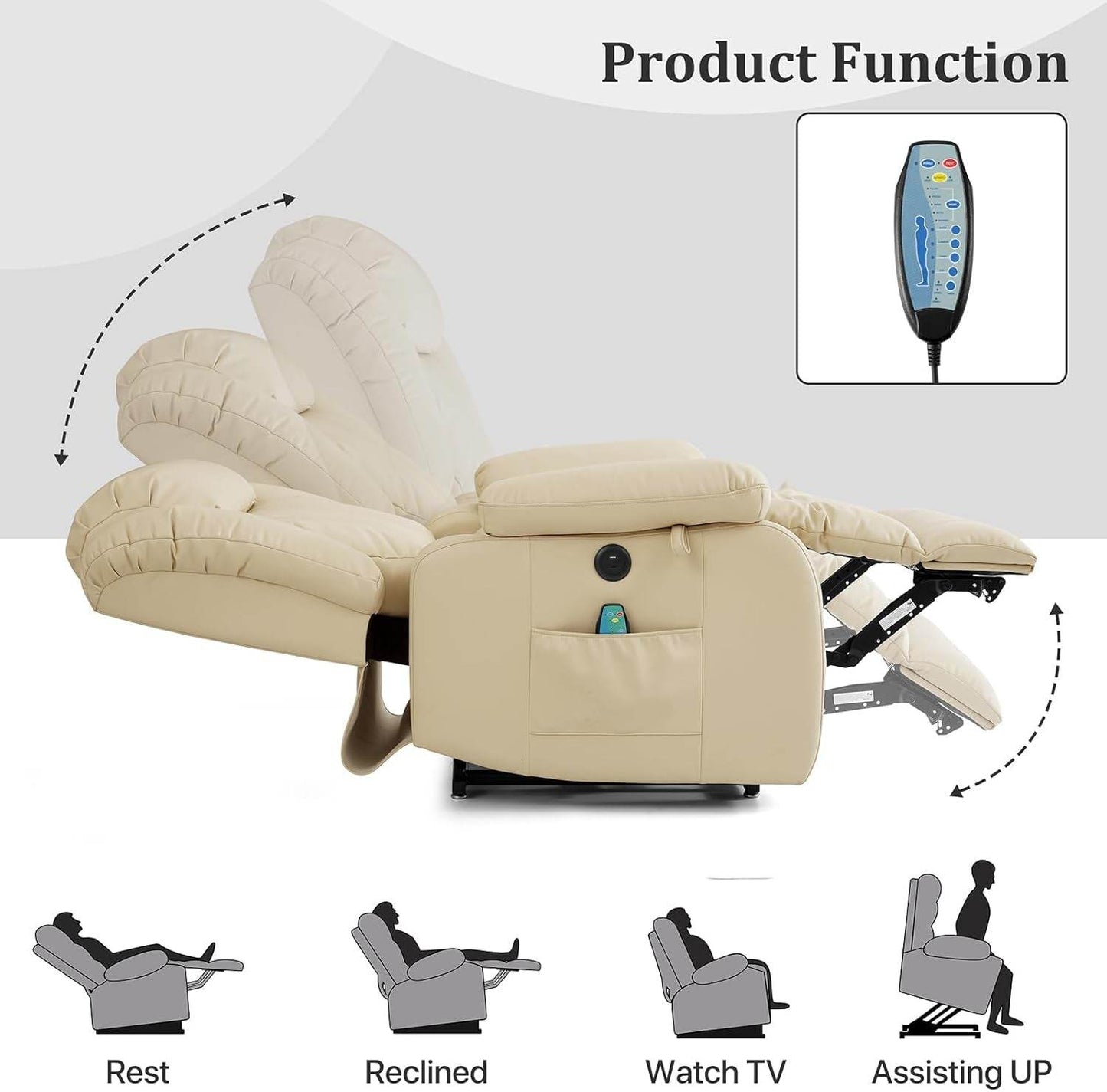 Dual Motor Large Power Lift Recliner Chair Recliners for Elderly, Infinite Position Recliner Chair with Heat and Massage, Breathable Leather(Beige) - Loft&Timber