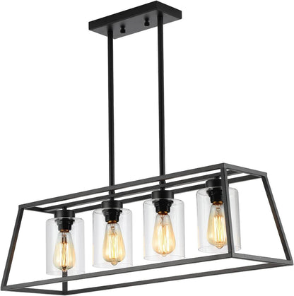 Black Farmhouse Chandeliers for Dining Room, Rustic Kitchen Island Light Fixture, 4-Light Linear Pendant Lights Kitchen Island with Glass Shade ，Apply to Dining Room Light Fixtures over Table - Loft&Timber