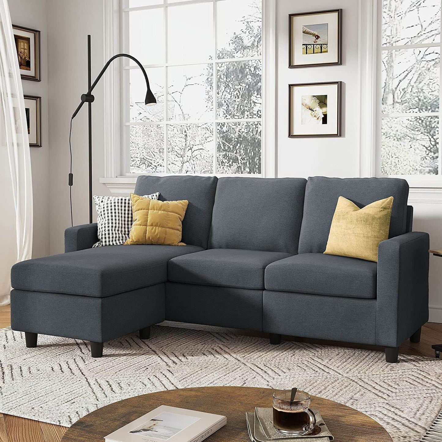 Dark Grey Convertible L-Shaped Sectional Sofa, Chaise - Loft&Timber
