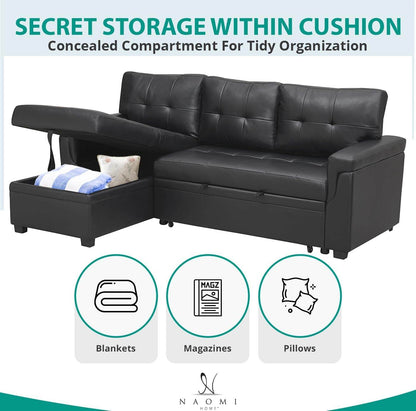Jenny Sectional Sofa Sleeper with Storage Chaise, Tufted Pull Out Couch with Storage, Sectional Bed, L-Shaped Reversible Sleeper Sofa, Black,Air Leather - Loft&Timber