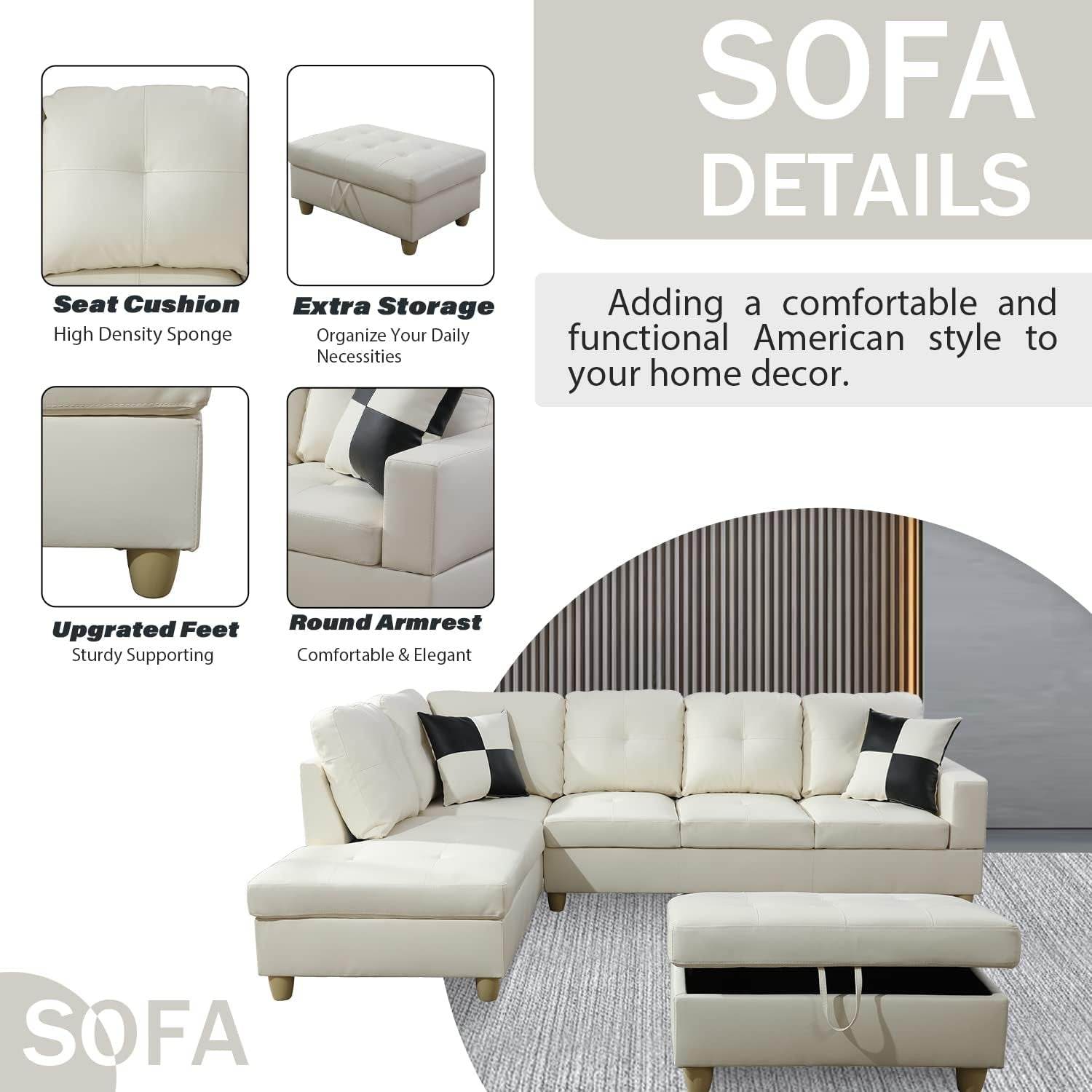 Ponliving Furniture Modern L-Shaped Leather Sectional Sofa Left Hand Facing (White) - Loft&Timber