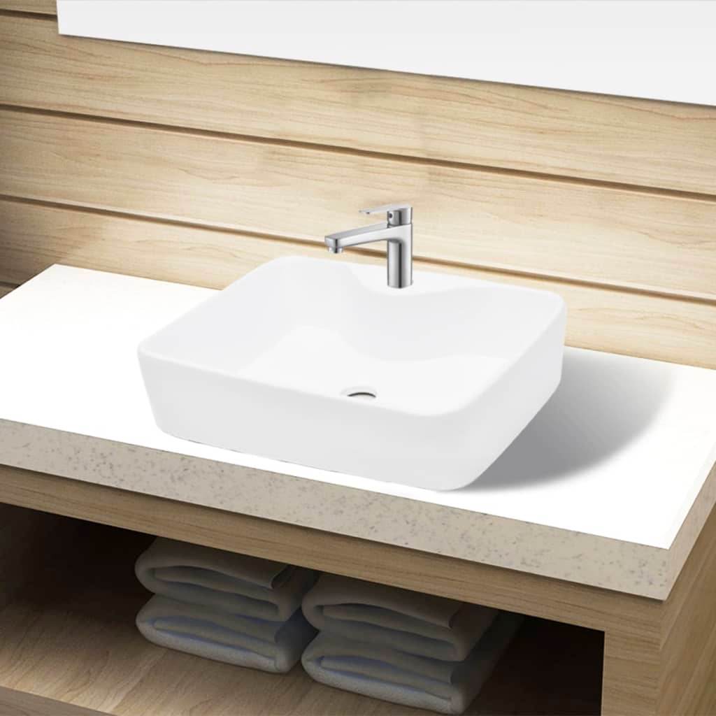 vidaXL Ceramic Bathroom Sink Basin with Faucet Hole White Square - Loft&Timber