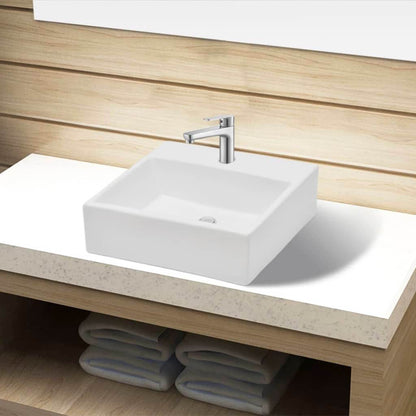 vidaXL Ceramic Bathroom Sink Basin with Faucet Hole White Square - Loft&Timber