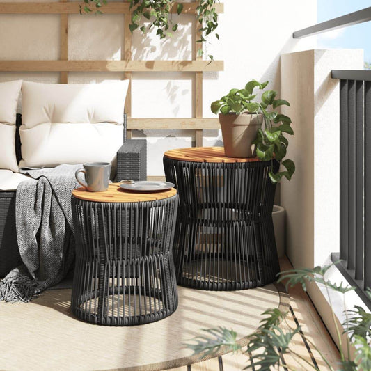 vidaXL Patio Side Tables 2 pcs with Wooden Top Black Poly Rattan - Loft&Timber