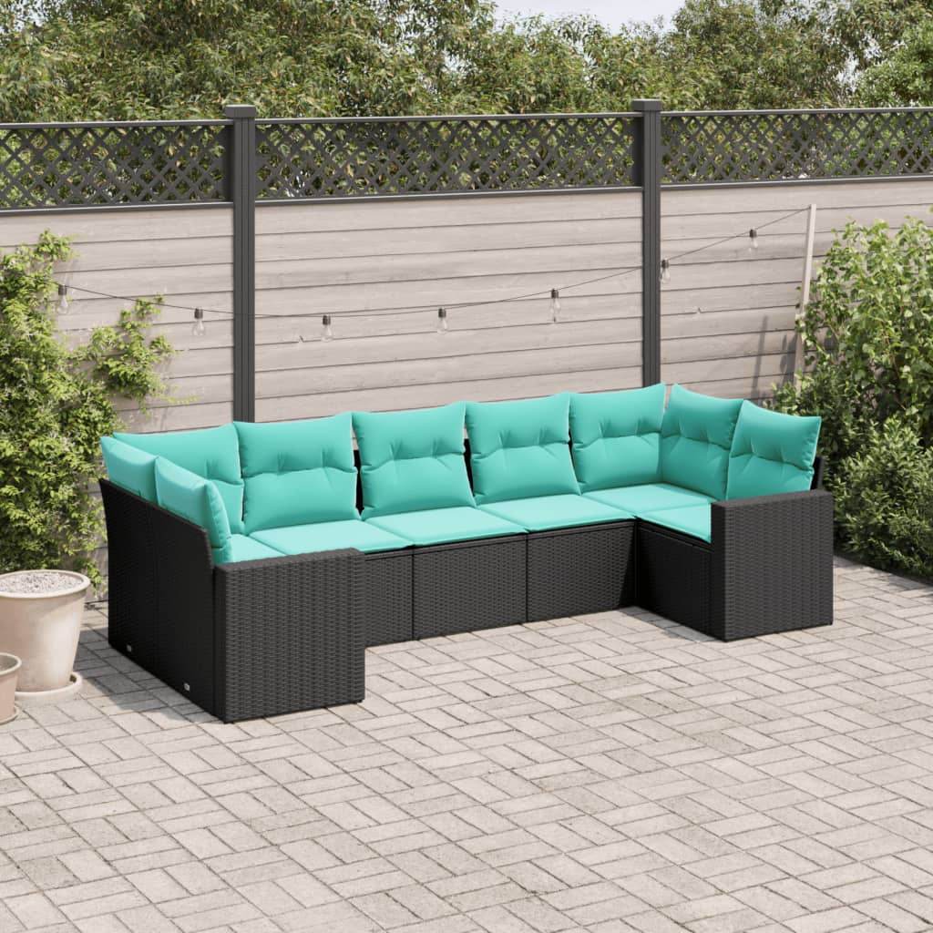 VidaXL 7 Piece Patio Sofa Set with Cushions Black Poly Rattan - Loft&Timber