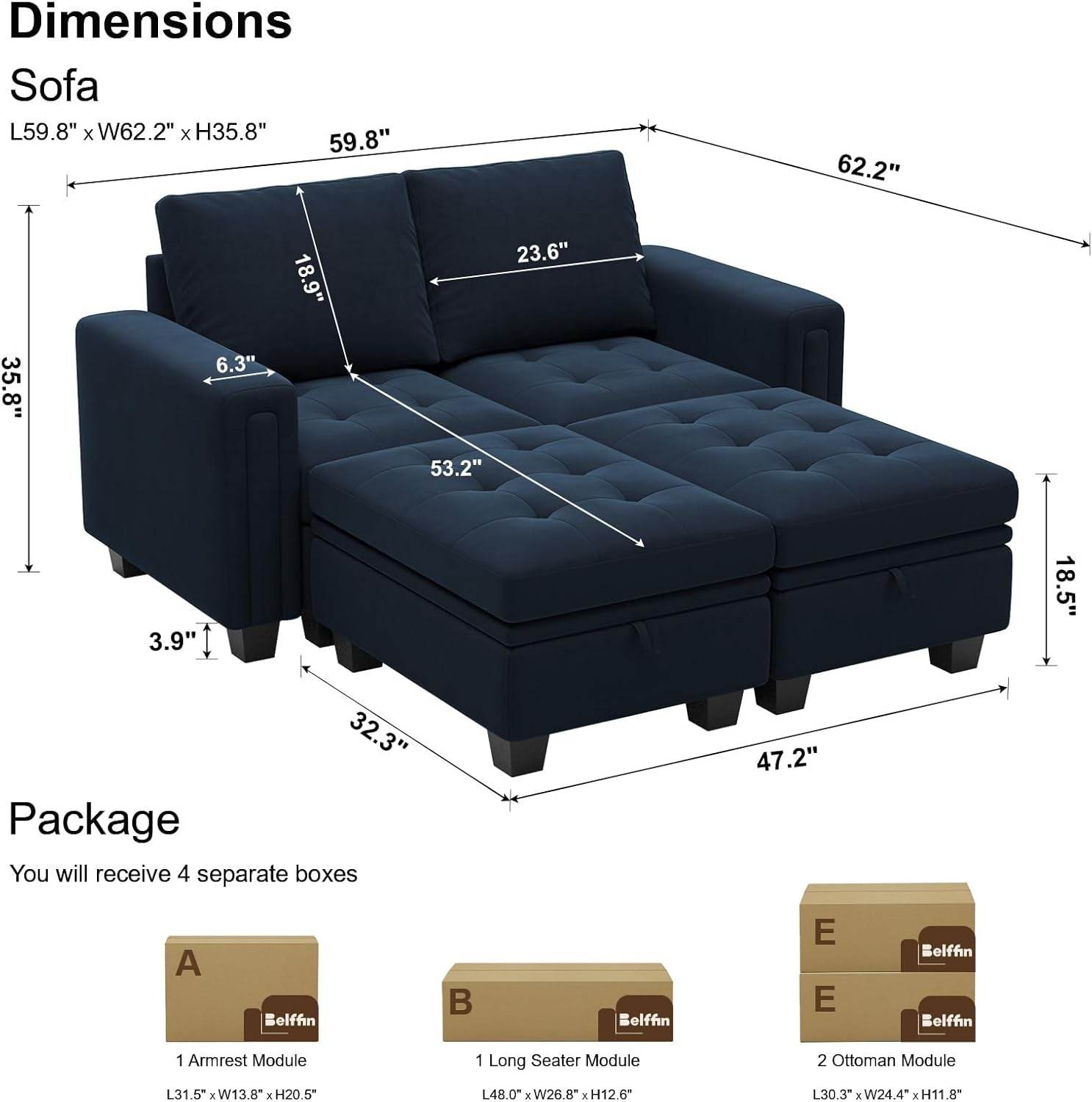 Velvet Modular Sectional Sofa Couch with Storage Convertible Sectional Sleeper Sofa Couch Bed Set with Reversible Chaise Blue - Loft&Timber