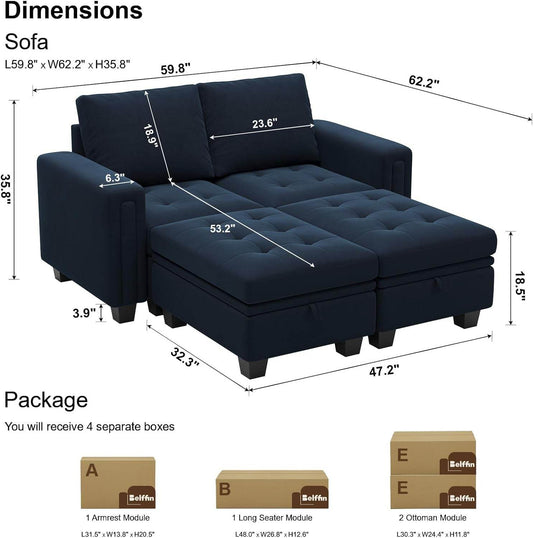 Velvet Modular Sectional Sofa Couch with Storage Convertible Sectional Sleeper Sofa Couch Bed Set with Reversible Chaise Blue - Loft&Timber