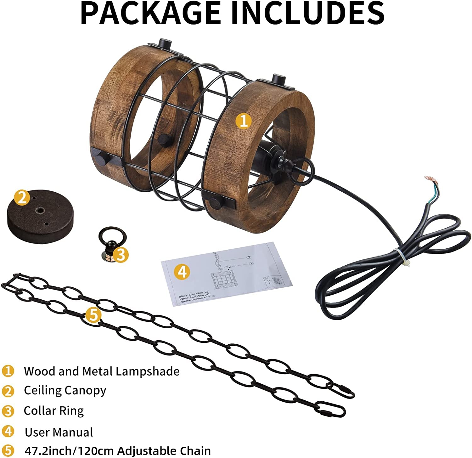 Retro Industrial Metal and Wood Chandelier 1-Light round Cage Pendant Light Fixture for Kitchen Island Foyer Hallway Bar Dining Room Restaurant, D 7.9" X H 8.7" (Brown) - Loft&Timber