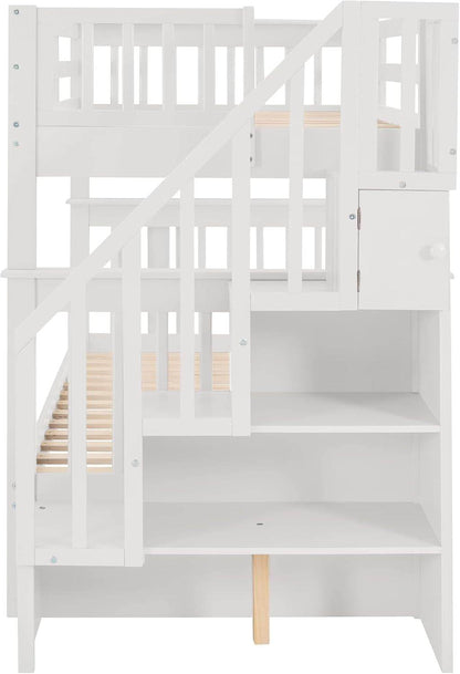 Twin over Twin Bunk Bed with Stairs and Trundle, Solid Wood Stairway Bunk Bed Frame with Storage, for Kids Teens Adults – White - Loft&Timber