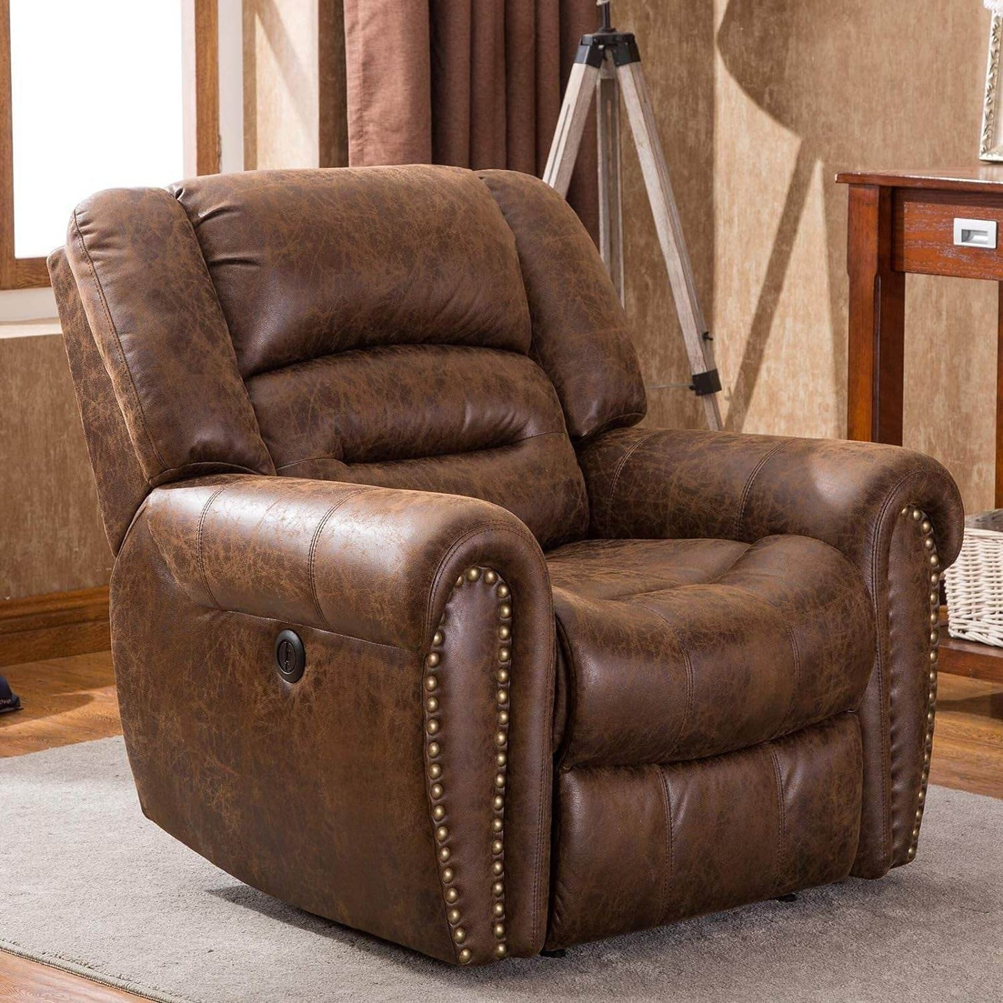 Electric Power Recliner Set of 2, Breathable Bonded Leather Reclining Chair Classic Home Theater Recliners Seating W/USB Port, Electric Recliner Chairs for Living Room (Nut Brown) - Loft&Timber