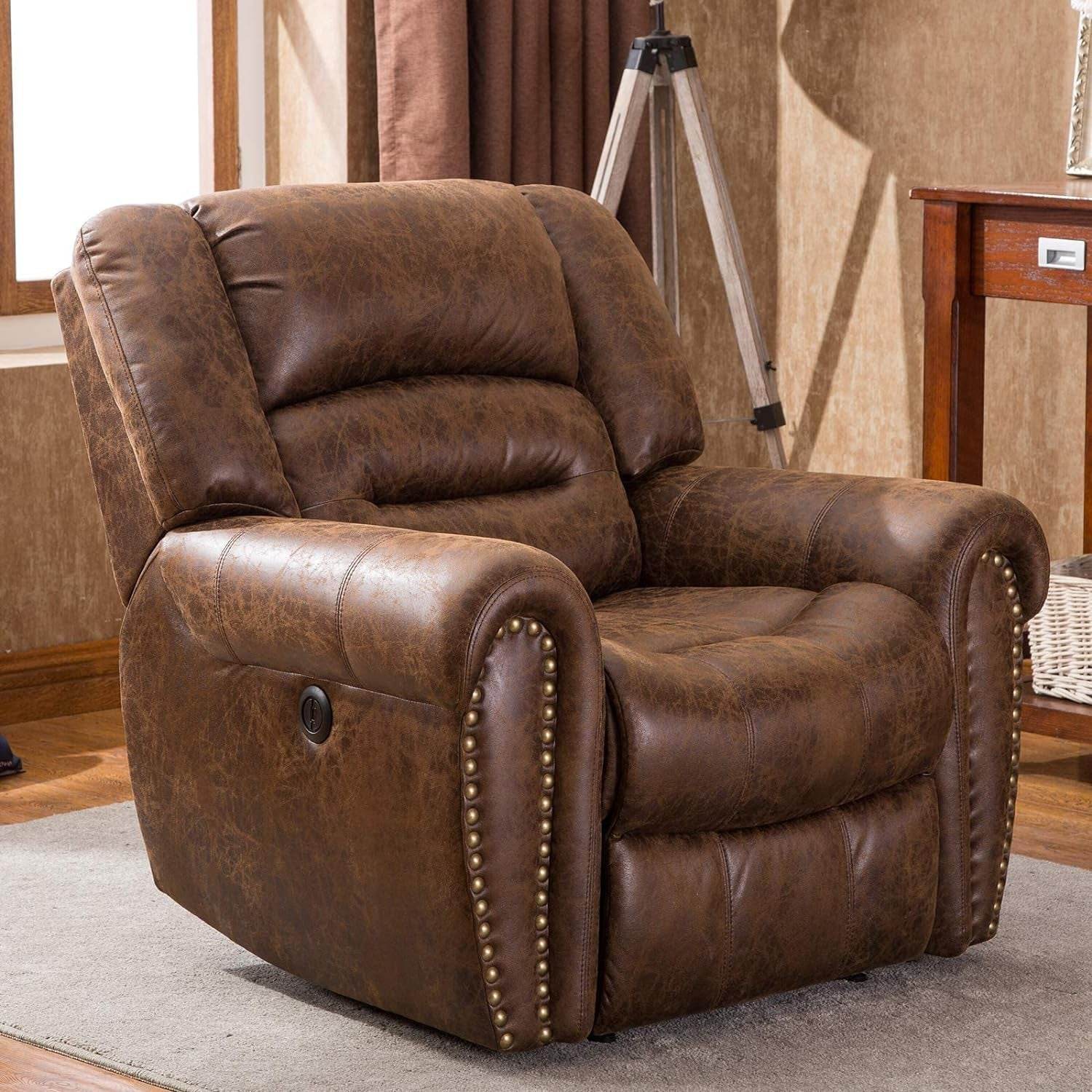 Electric Power Recliner Set of 2, Breathable Bonded Leather Reclining Chair Classic Home Theater Recliners Seating W/USB Port, Electric Recliner Chairs for Living Room (Nut Brown) - Loft&Timber