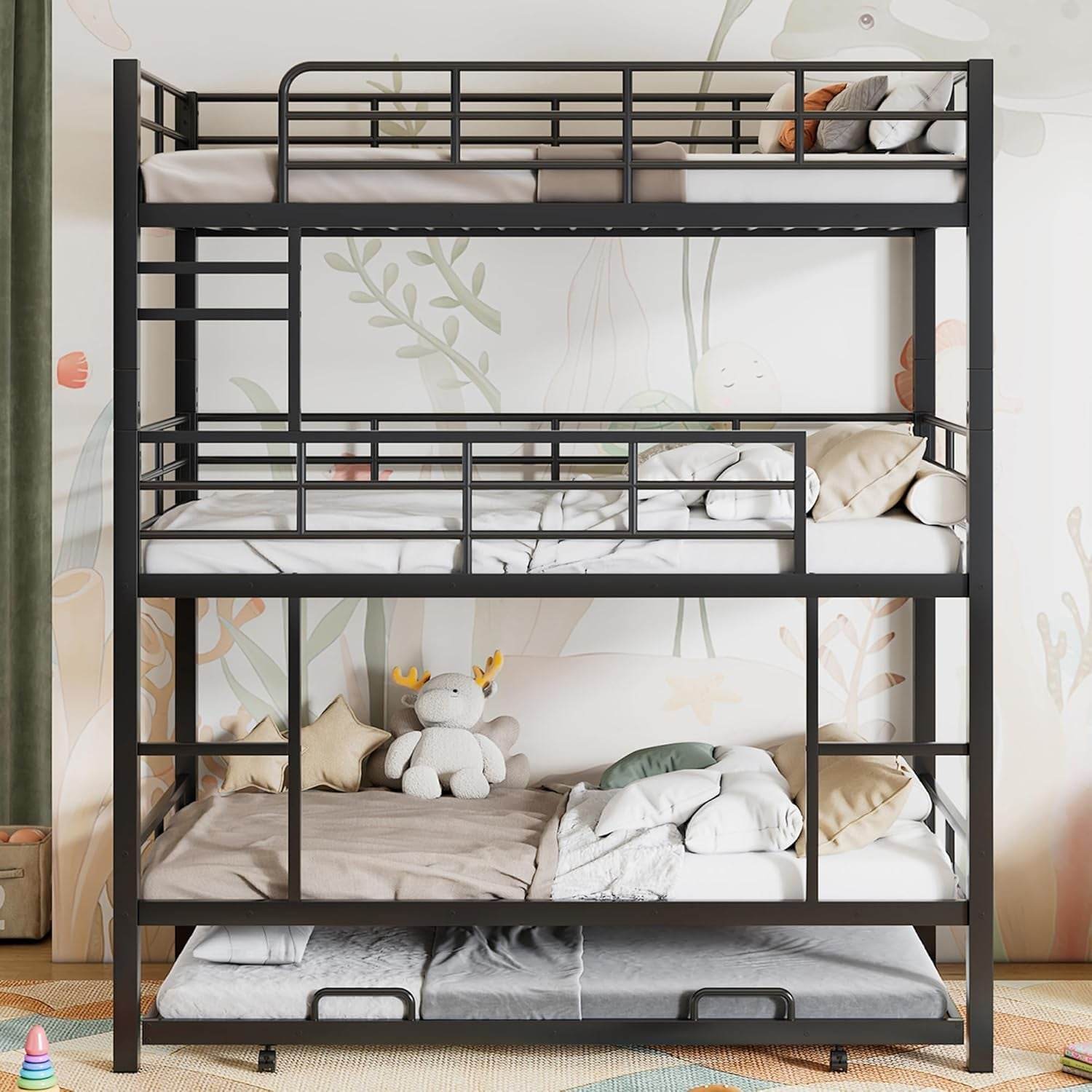 Metal Twin Size Triple Bunk Bed with Trundle for 4, Bunk Beds with 2 Ladders & Guardrails, Convertible to 3 Separate Beds for Kids Teens, Space-Saving, Black - Loft&Timber