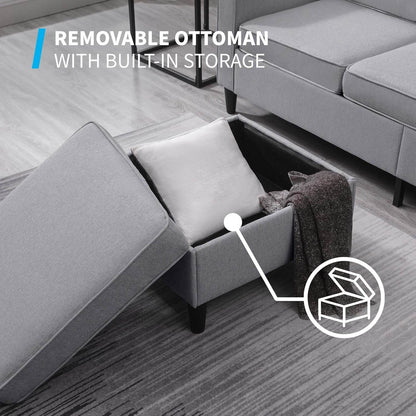 Convertible Sofa Set | Linen Upholstered Sectional Sofa with Storage Ottoman - Loft&Timber