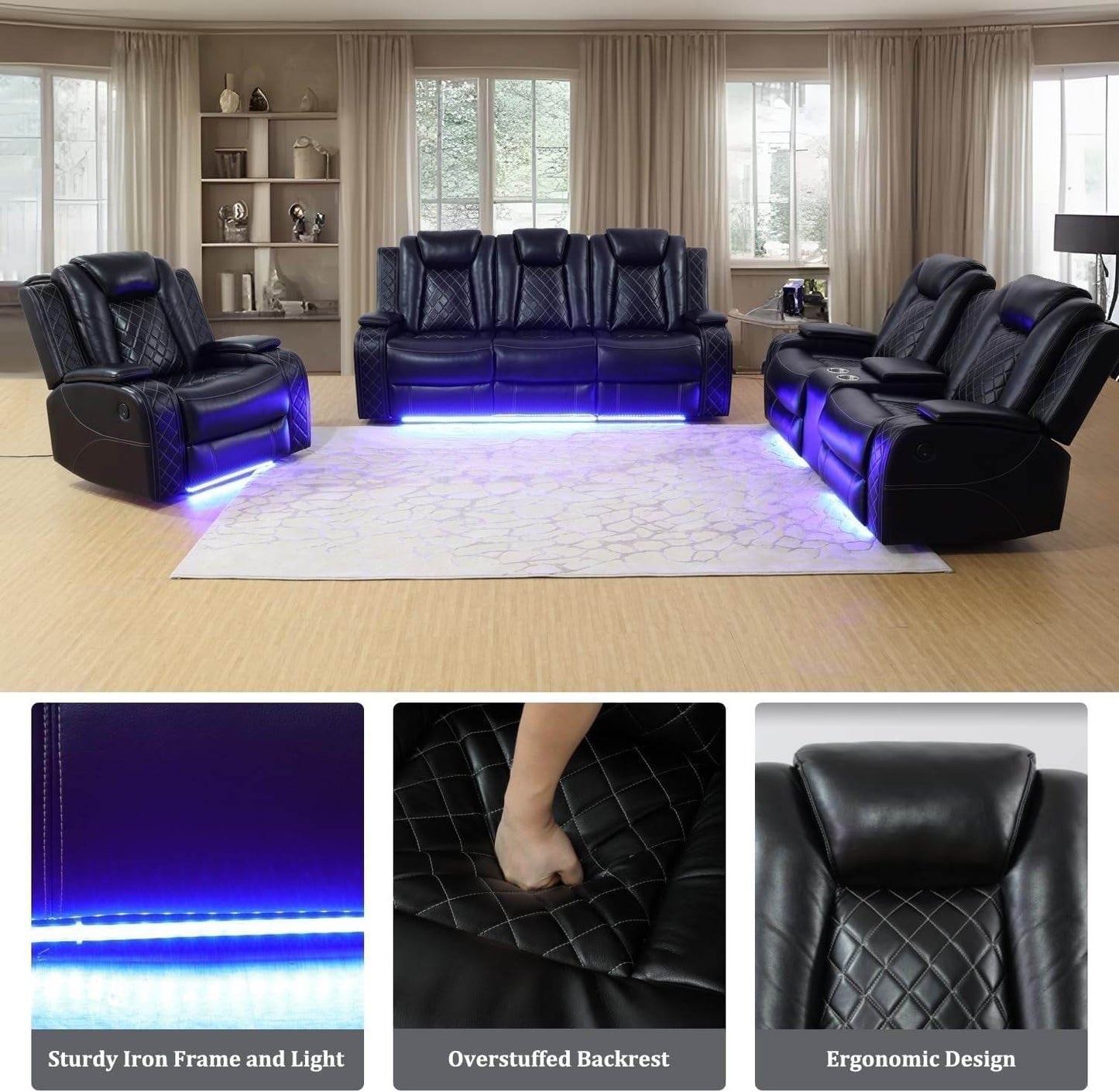 Power Recliner Sofa Set with LED (Black) - Loft&Timber