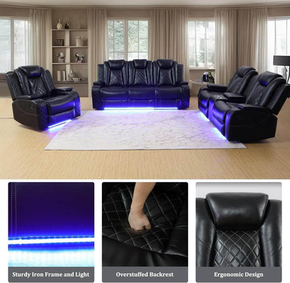 Power Recliner Sofa Set with LED (Black) - Loft&Timber