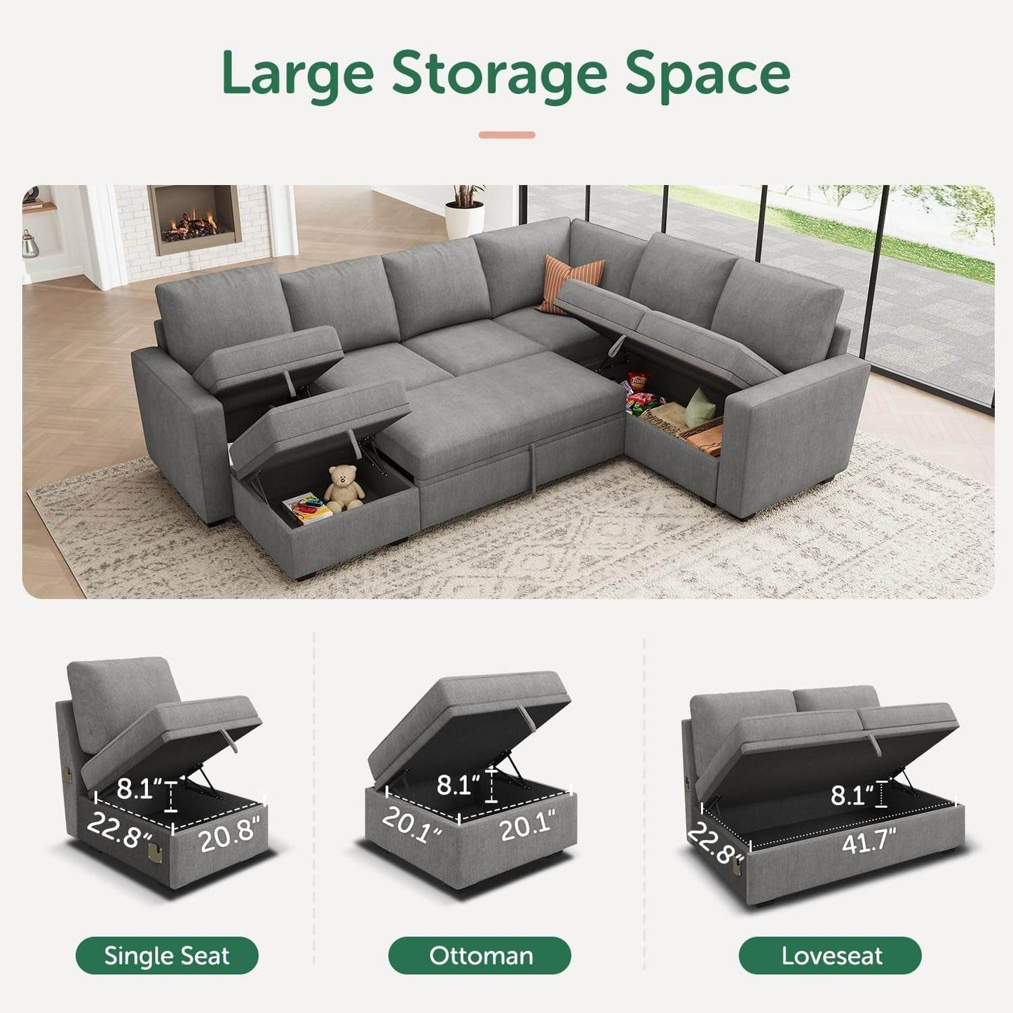 Modular Sectional Sleeper Sofa U-Shaped, Warm Grey - Loft&Timber