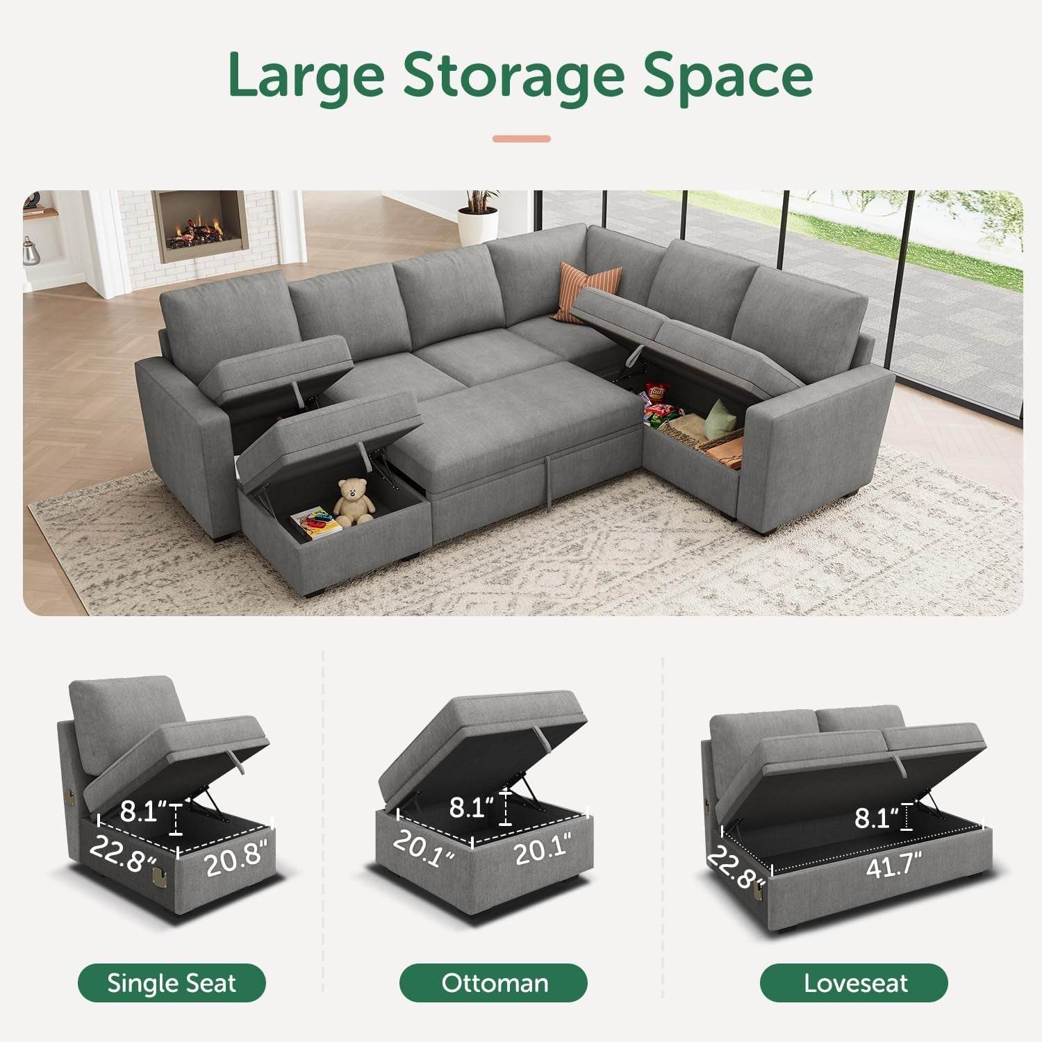 Modular Sectional Sleeper Sofa U-Shaped, Warm Grey - Loft&Timber