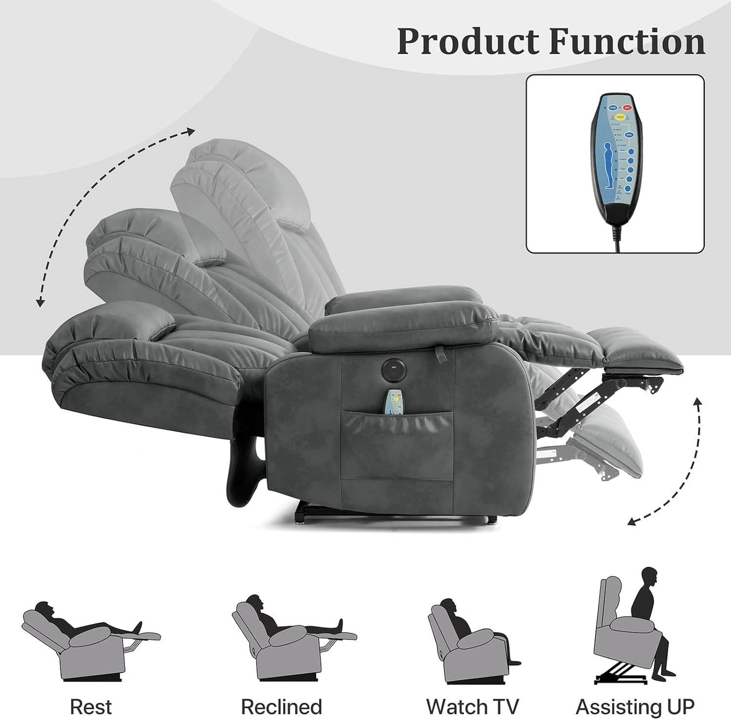 Dual Motor Large Power Lift Recliner Chair Recliners for Elderly, Infinite Position Recliner Chair with Heat and Massage, Breathable Leather(Gray) - Loft&Timber