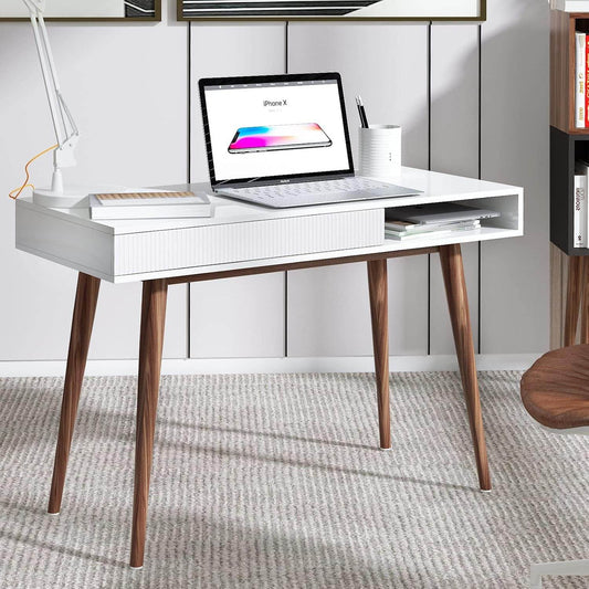 White Writing Desk with Drawers Mid Century Modern Desk, Wood Office Desk Computer Desk Vanity Desk for Small Space, White Desk with Walnut Legs - Loft&Timber
