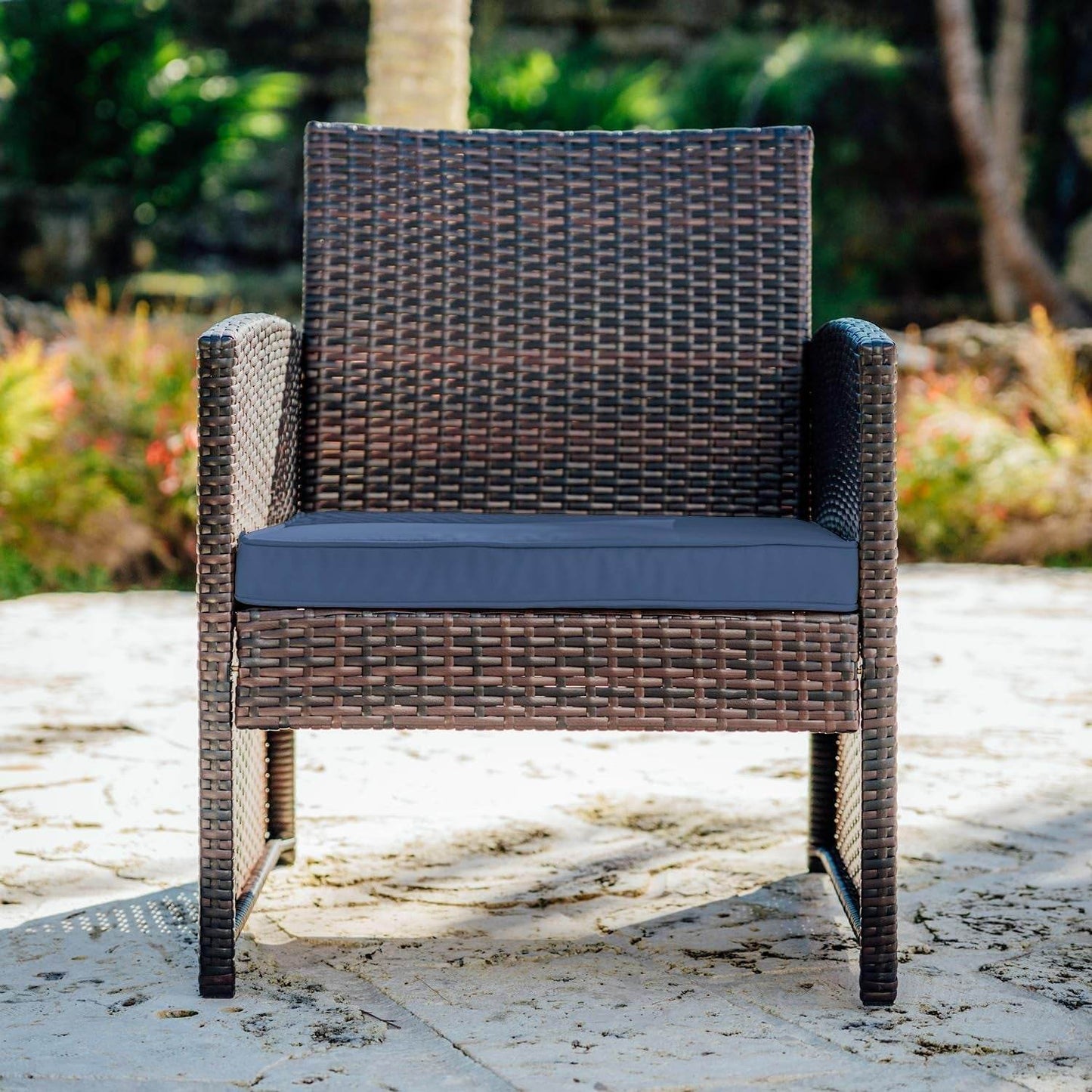 Wicker Outdoor Furniture Set - 3 Piece Patio Bistro Set (Brown/Navy) - Loft&Timber