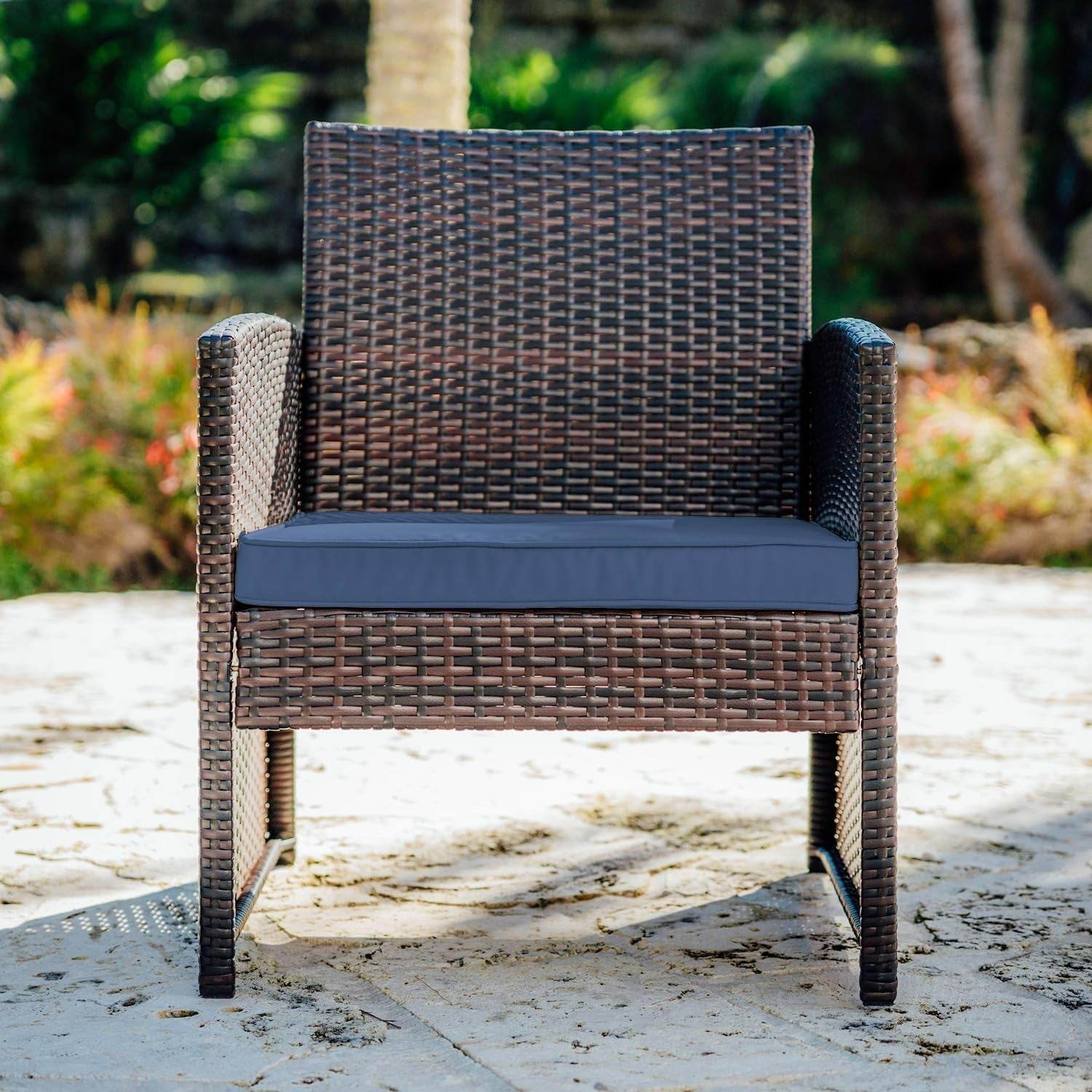 Wicker Outdoor Furniture Set - 3 Piece Patio Bistro Set (Brown/Navy) - Loft&Timber