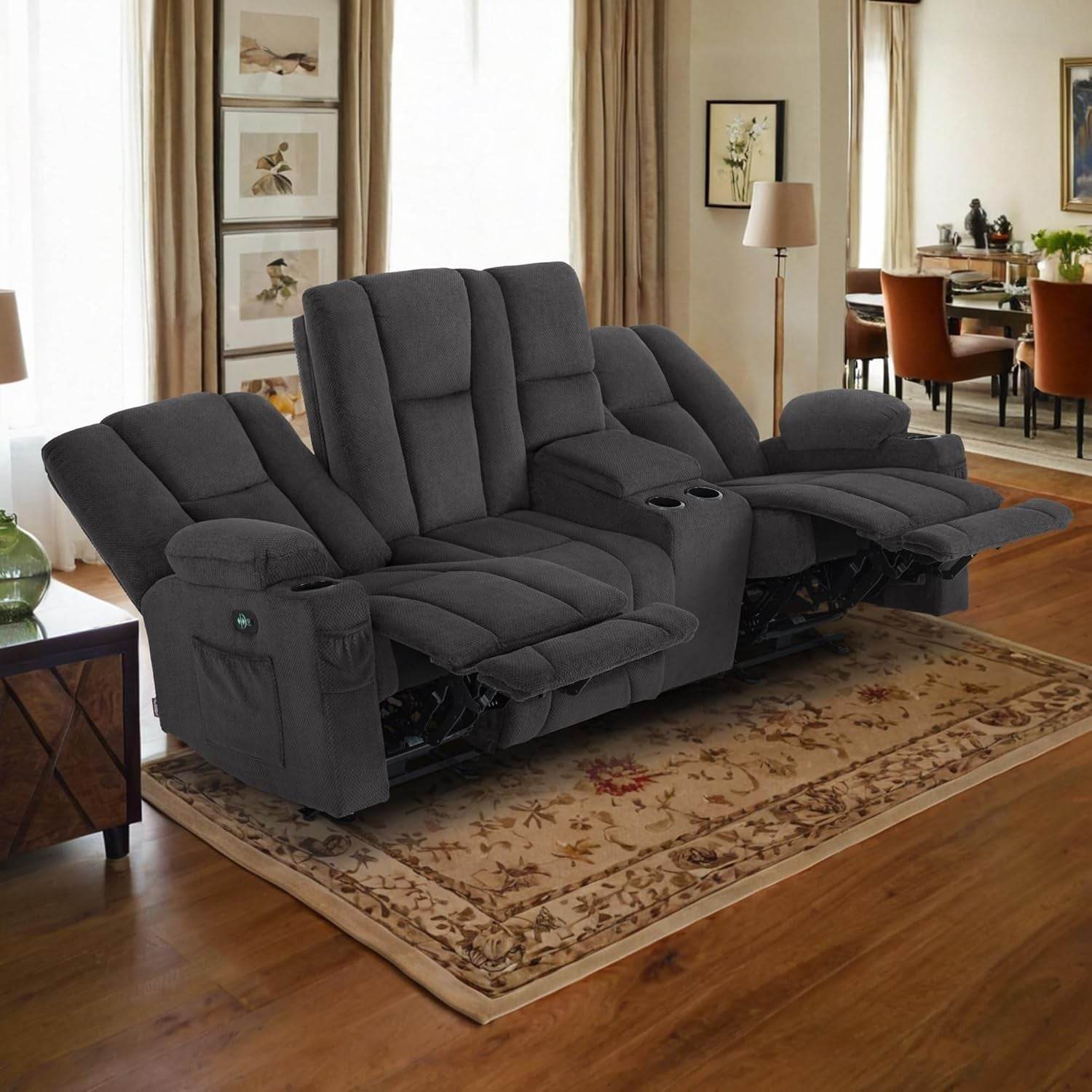 Power Reclining Sofa with Heat and Vibration (Grey) - Loft&Timber