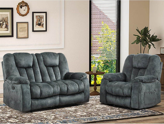 Reclining Living Room Set, Soft Fabric Manual 2 Piece Recliner Sofa Set, Included Recliner Chair with Massage and Heat and Loveseat Daul Recliner, Green Grey(Recliner+Loveseat) - Loft&Timber