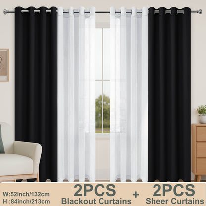 4pcs/SET Curtains - 2pcs Blackout Curtains with Tiebacks And 2pcs Sheer Curtains - Loft&Timber