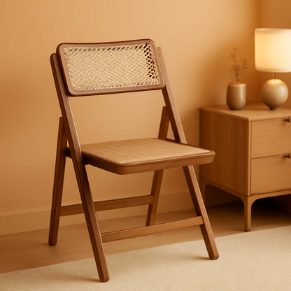 Rattan Folding Chair Walnut Finish Indoor Outdoor Dining-0