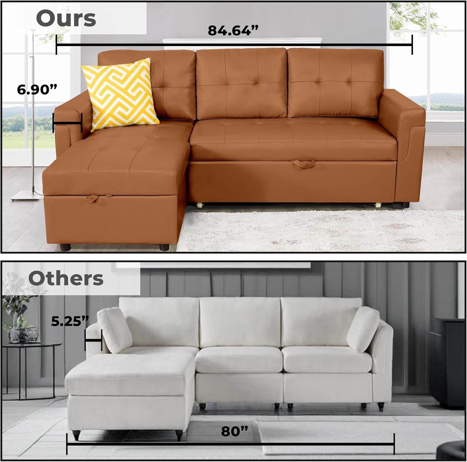 Caramel Air Leather Tufted L-Shape Sleeper Sofa Storage - Loft&Timber