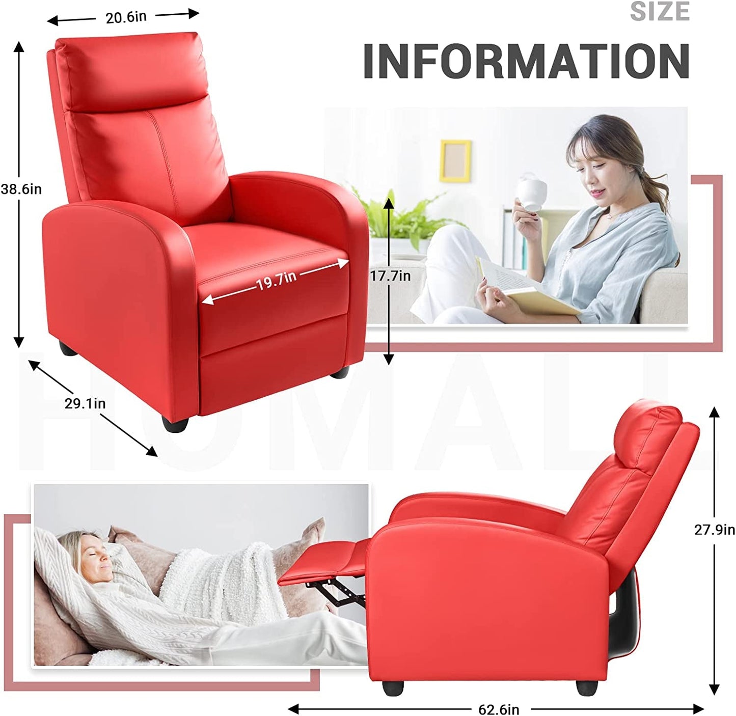 Recliner Chair, Padded Seat, Red, PU Leather-2