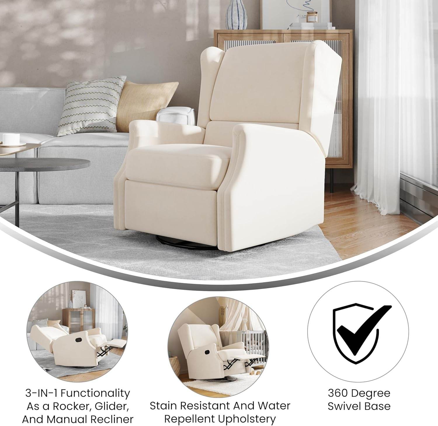 Omma Swivel Glider Rocking Recliner, Manual Wingback Recliner with 360 Degree Swivel, for Living Room, Bedroom, or Nursery, Upholstered, Cream - Loft&Timber